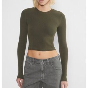 Tna Aritzia Olive‎ Green Ribbed Cropped Long Sleeve Crew Neck Shirt Large